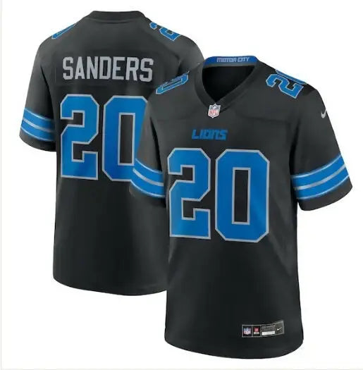 Two black Detroit Lions NFL jerseys with blue numbers and lettering for Barry Sanders