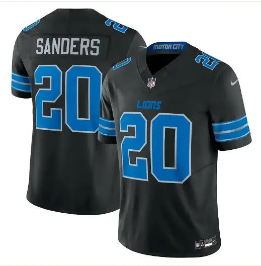 Two black Detroit Lions Nike Vapor F.U.S.E. limited jerseys with blue trim and number 20