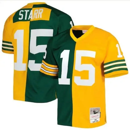 Split-color green and gold football jerseys with number 15 from Bart Starr Green Bay Packers 1969 Replica
