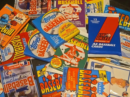 Vintage baseball card packs featuring trading cards in a lot of 5 packs