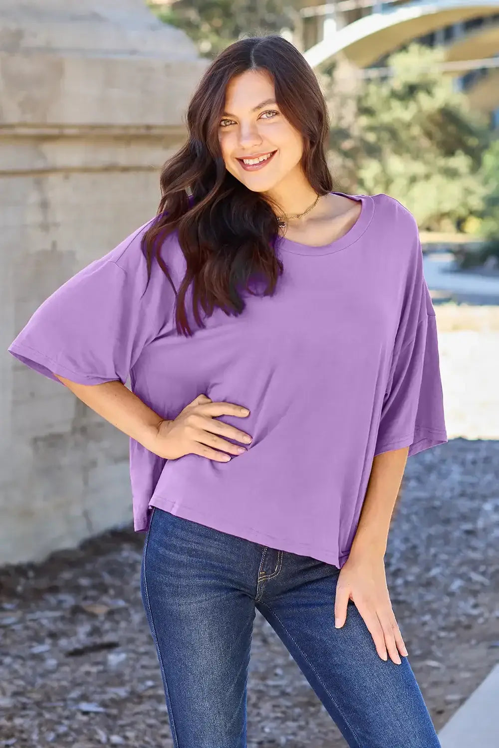 Basic Bae Bamboo Full Size Round Neck Drop Shoulder T-Shirt - Lavender / S