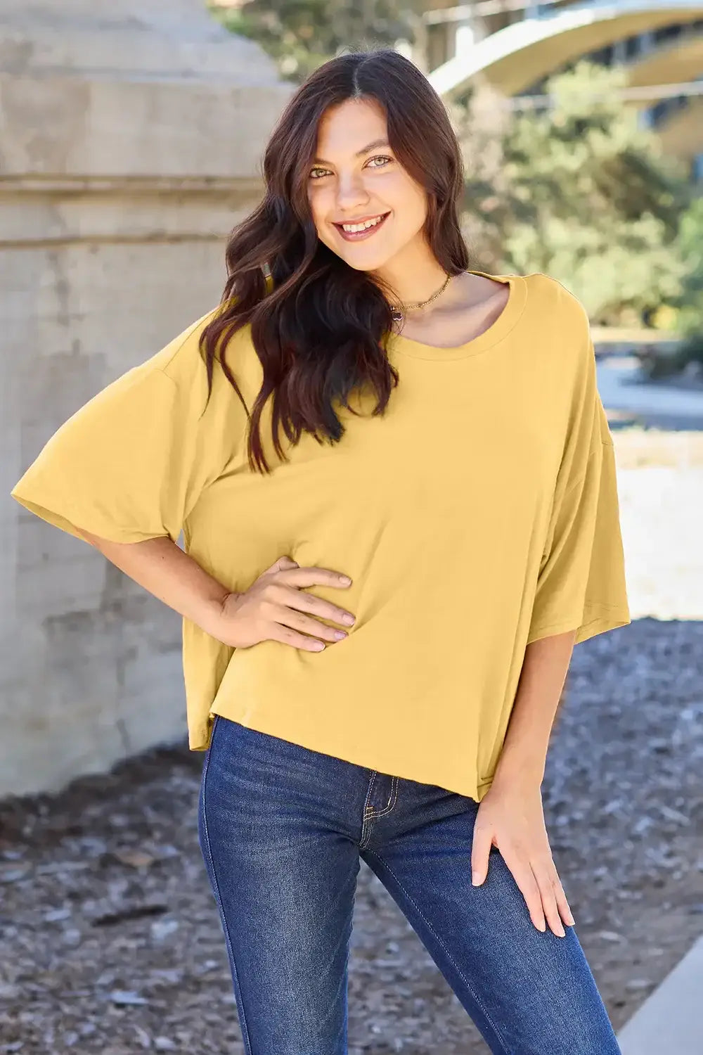 Basic Bae Bamboo Full Size Round Neck Drop Shoulder T-Shirt - Yellow / S