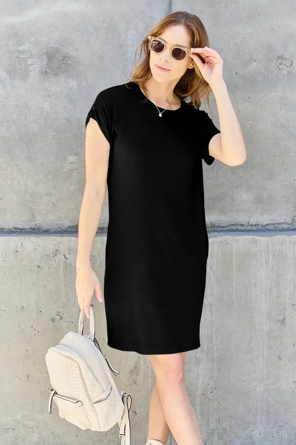 Basic Bae Bamboo Full Size Round Neck Short Sleeve Dress with Pockets - Black / S