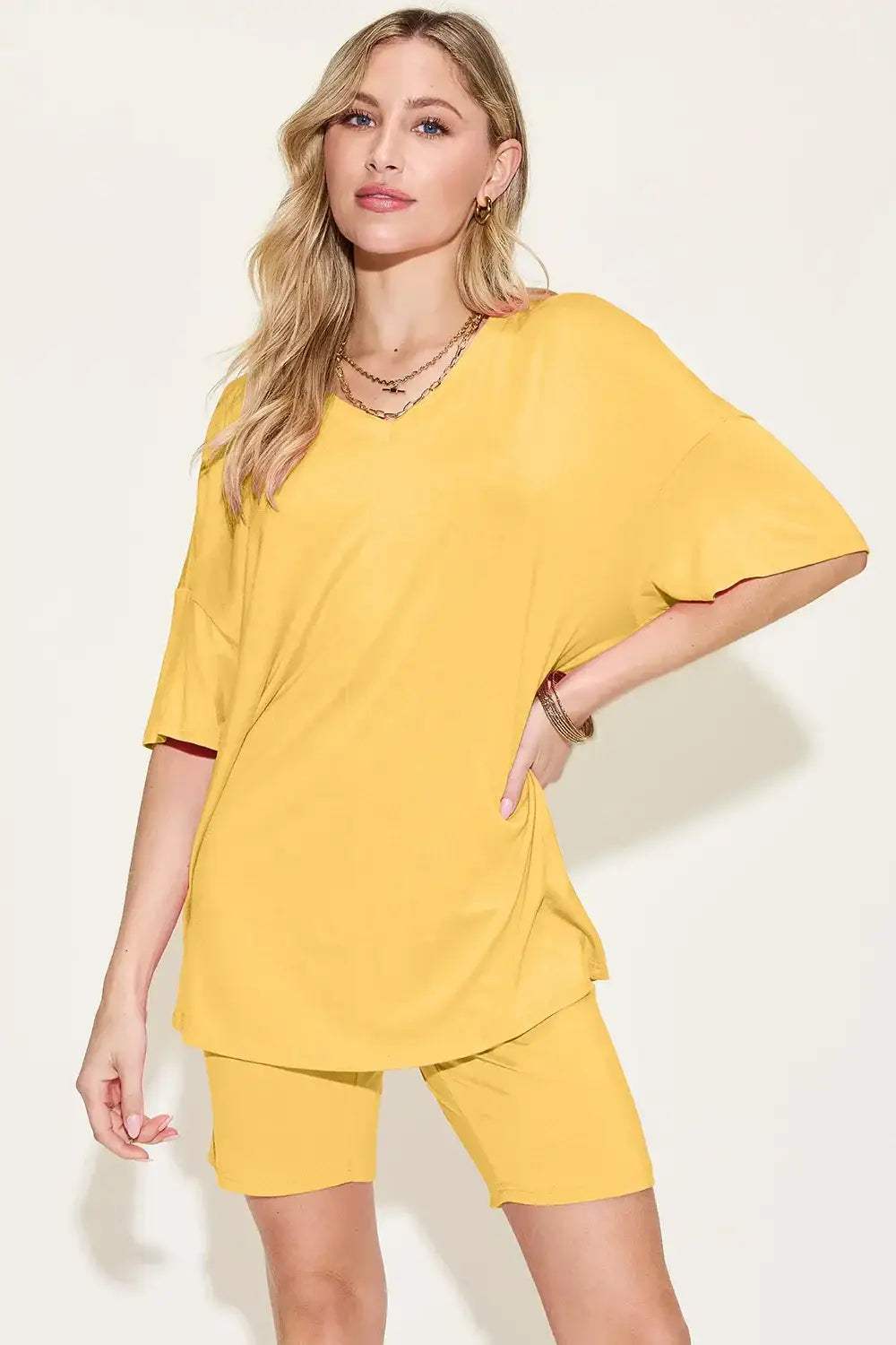 Basic Bae Bamboo Full Size V-Neck Drop Shoulder T-Shirt and Shorts Set - Yellow / S - T-Shirt and Shorts Set