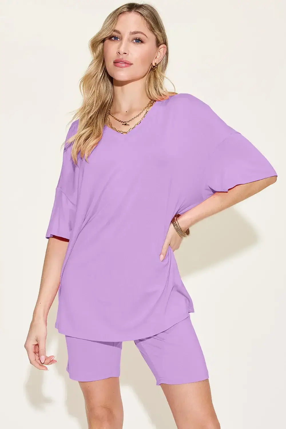 Basic Bae Bamboo Full Size V-Neck Drop Shoulder T-Shirt and Shorts Set - Lavender / S - T-Shirt and Shorts Set