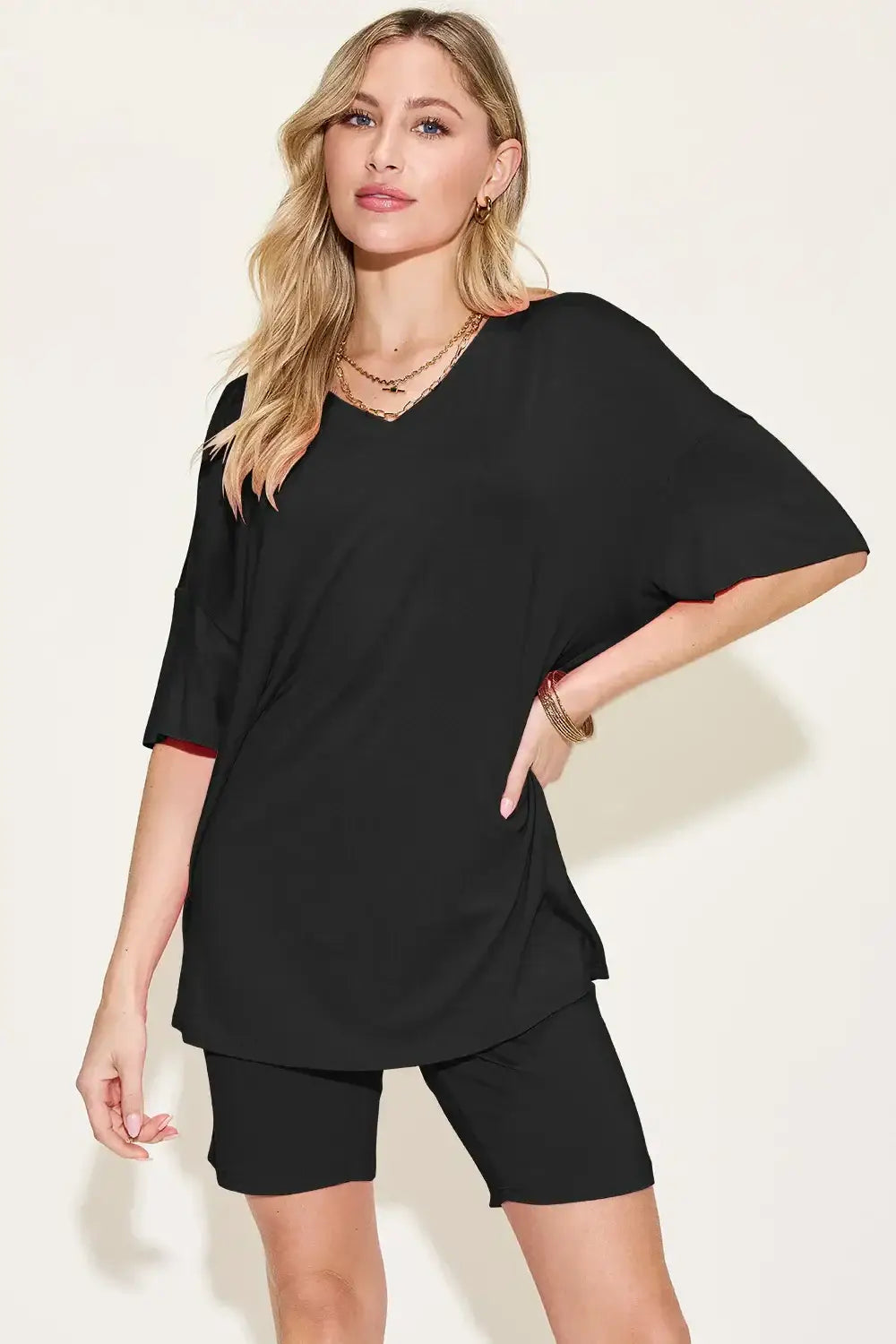 Basic Bae Bamboo Full Size V-Neck Drop Shoulder T-Shirt and Shorts Set - Black / S - T-Shirt and Shorts Set