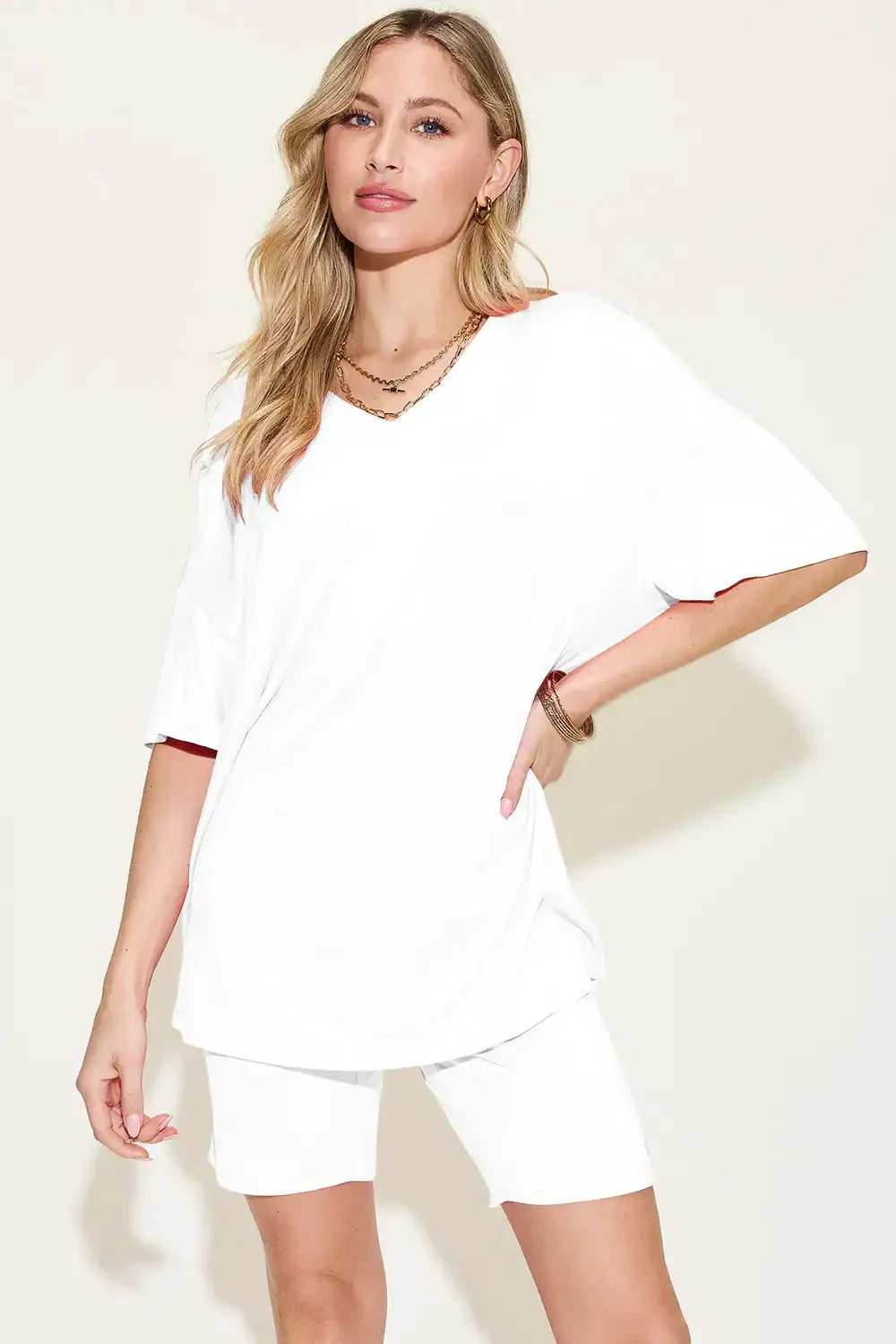 Basic Bae Bamboo Full Size V-Neck Drop Shoulder T-Shirt and Shorts Set - White / S - T-Shirt and Shorts Set