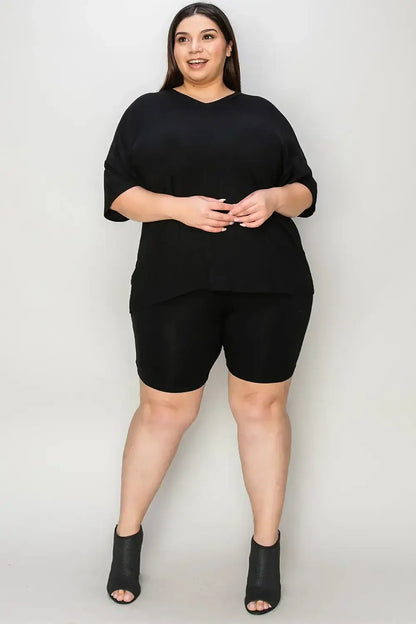 Basic Bae Bamboo Full Size V-Neck Drop Shoulder T-Shirt and Shorts Set - T-Shirt and Shorts Set