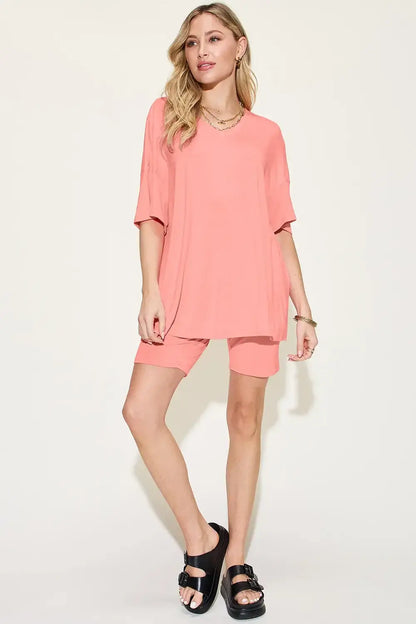 Basic Bae Bamboo Full Size V-Neck Drop Shoulder T-Shirt and Shorts Set - T-Shirt and Shorts Set