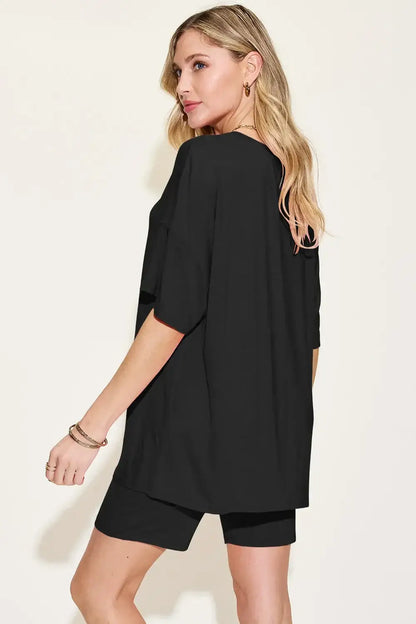 Basic Bae Bamboo Full Size V-Neck Drop Shoulder T-Shirt and Shorts Set - T-Shirt and Shorts Set
