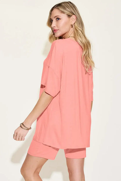 Basic Bae Bamboo Full Size V-Neck Drop Shoulder T-Shirt and Shorts Set - T-Shirt and Shorts Set