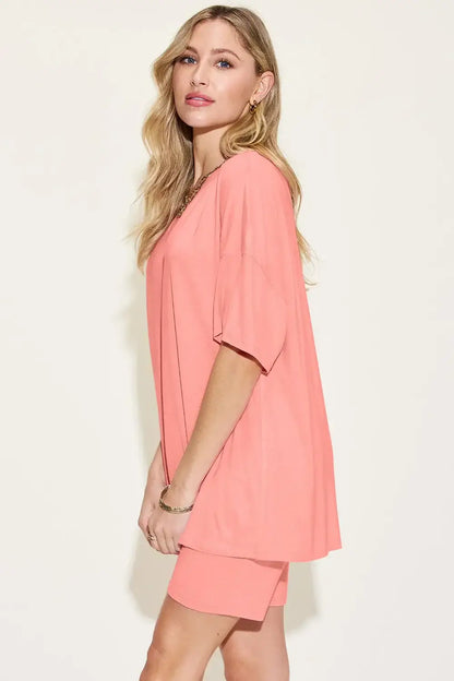 Basic Bae Bamboo Full Size V-Neck Drop Shoulder T-Shirt and Shorts Set - T-Shirt and Shorts Set