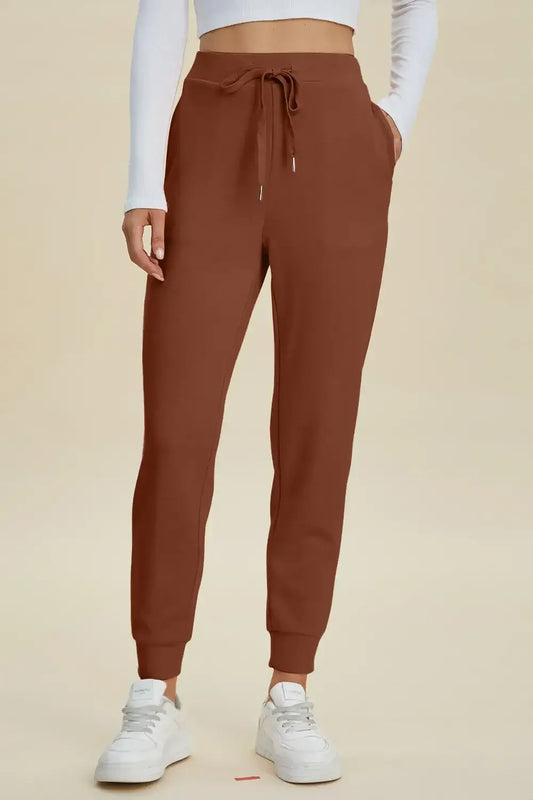 Basic Bae Full Size Air Scuba Drawstring High Waist Joggers - Caramel / S