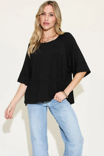 Basic Bae Full Size Bamboo Round Neck Exposed Seam T-Shirt Plus Size - Black / S