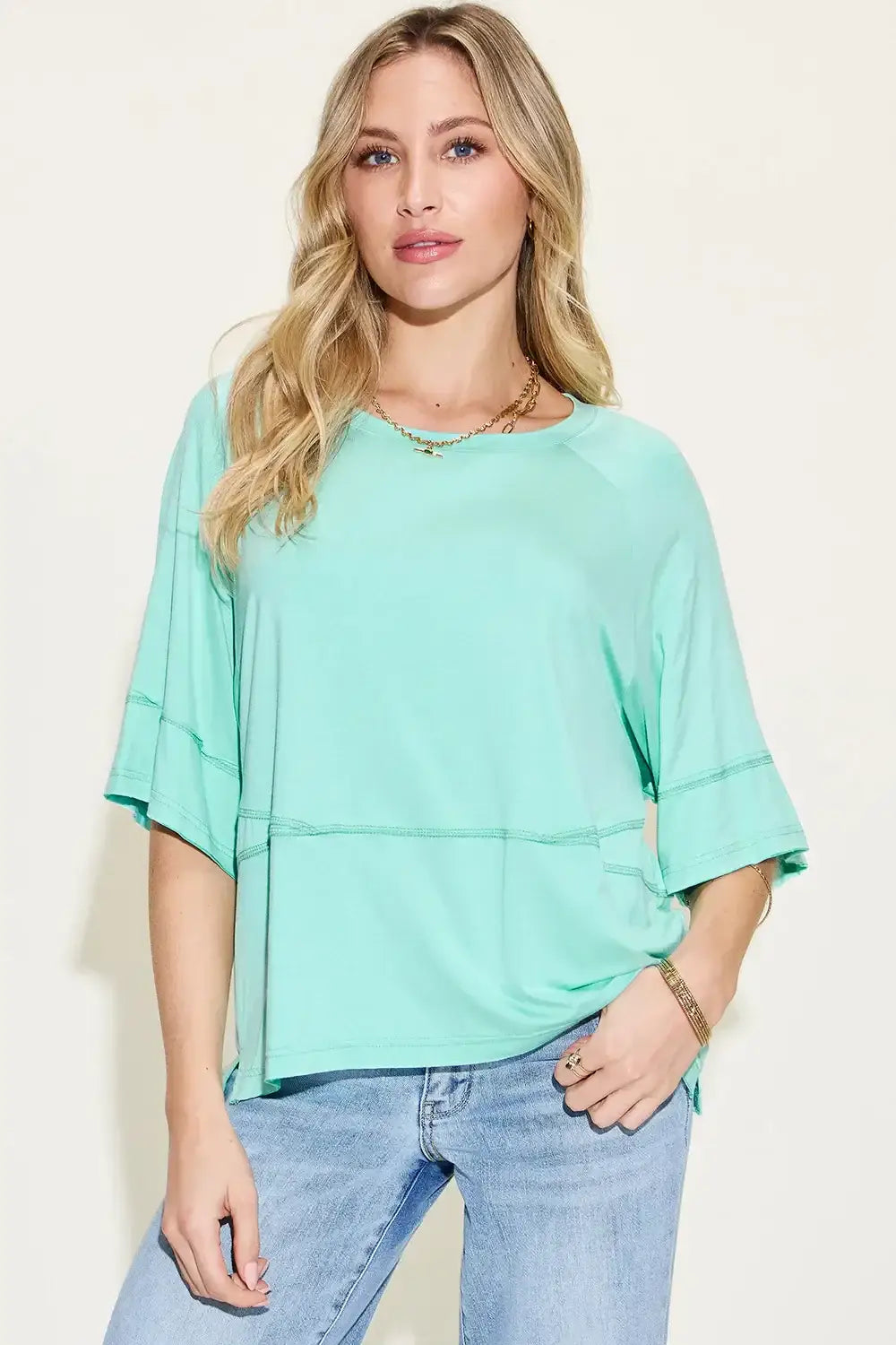 Basic Bae Full Size Bamboo Round Neck Exposed Seam T-Shirt Plus Size - Mint Blue / S