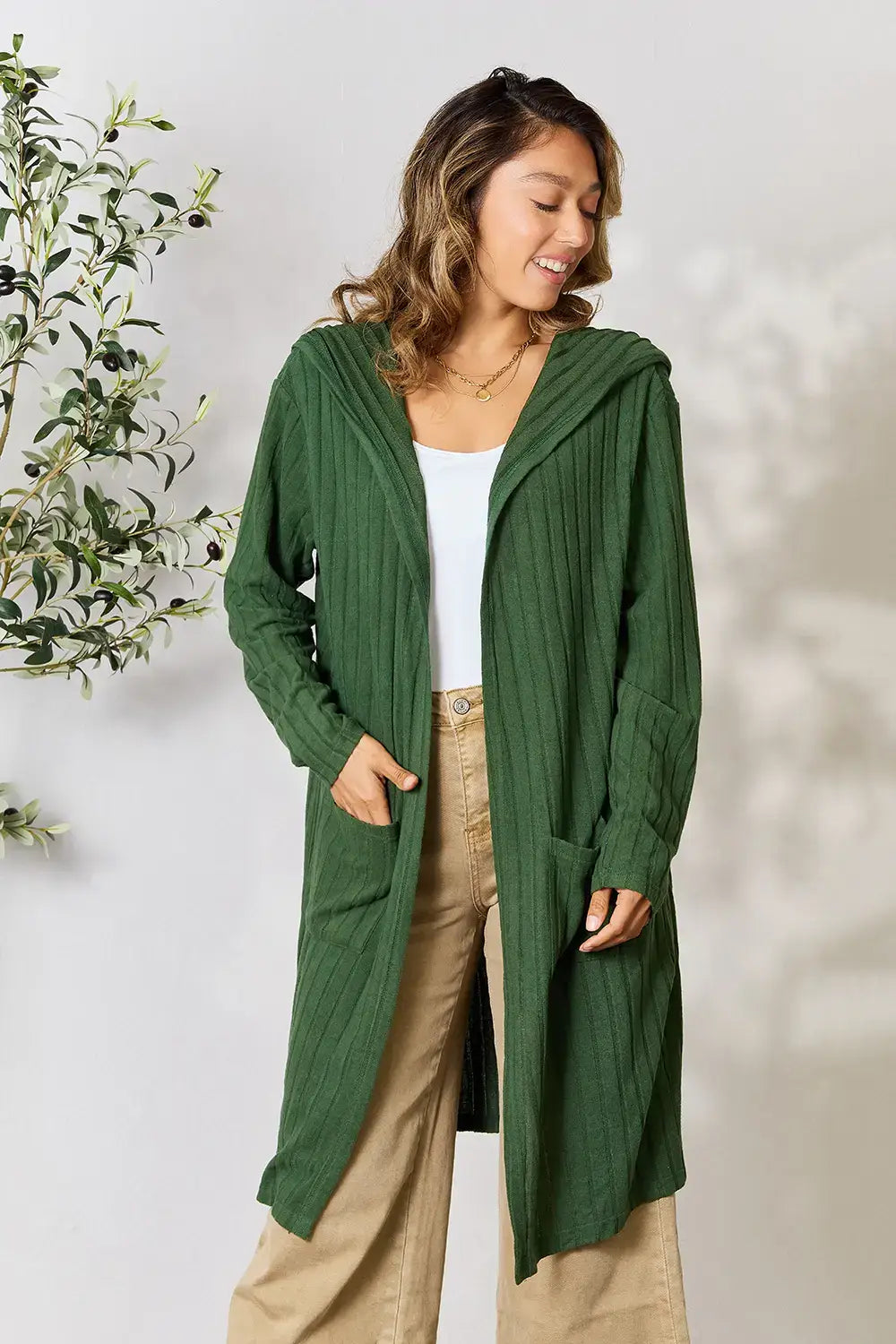 Basic Bae Full Size Hooded Sweater Cardigan - Dark Green / S - Outwears