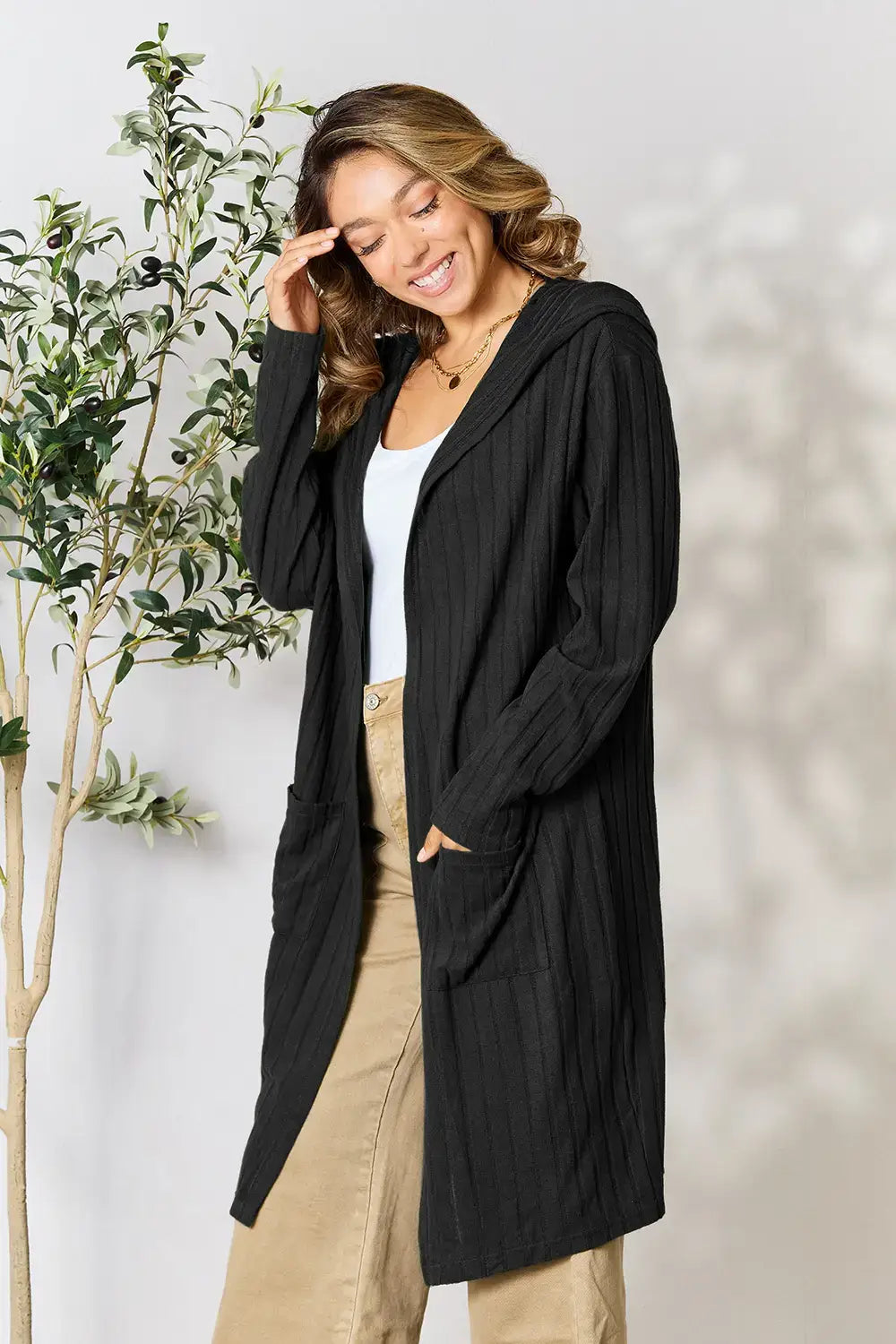 Basic Bae Full Size Hooded Sweater Cardigan - Outwears