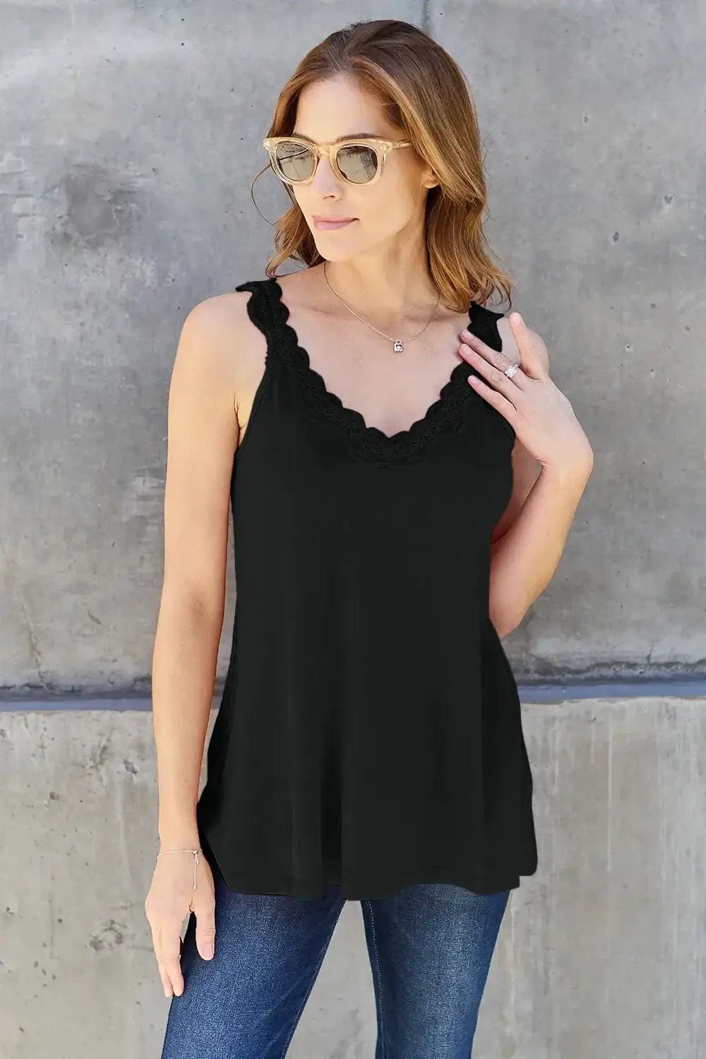 Basic Bae Full Size Lace Detail V-Neck Cutout Cami - Black / S