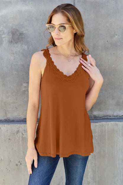 Basic Bae Full Size Lace Detail V-Neck Cutout Cami - Caramel / S