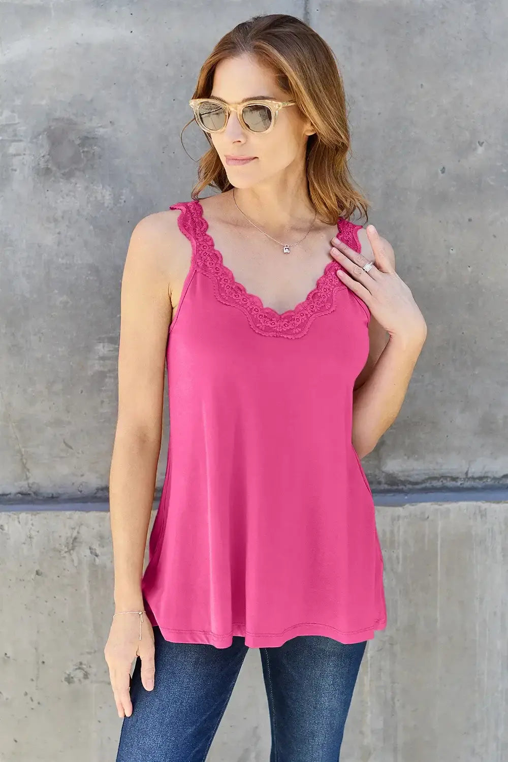 Basic Bae Full Size Lace Detail V-Neck Cutout Cami - Pink / S