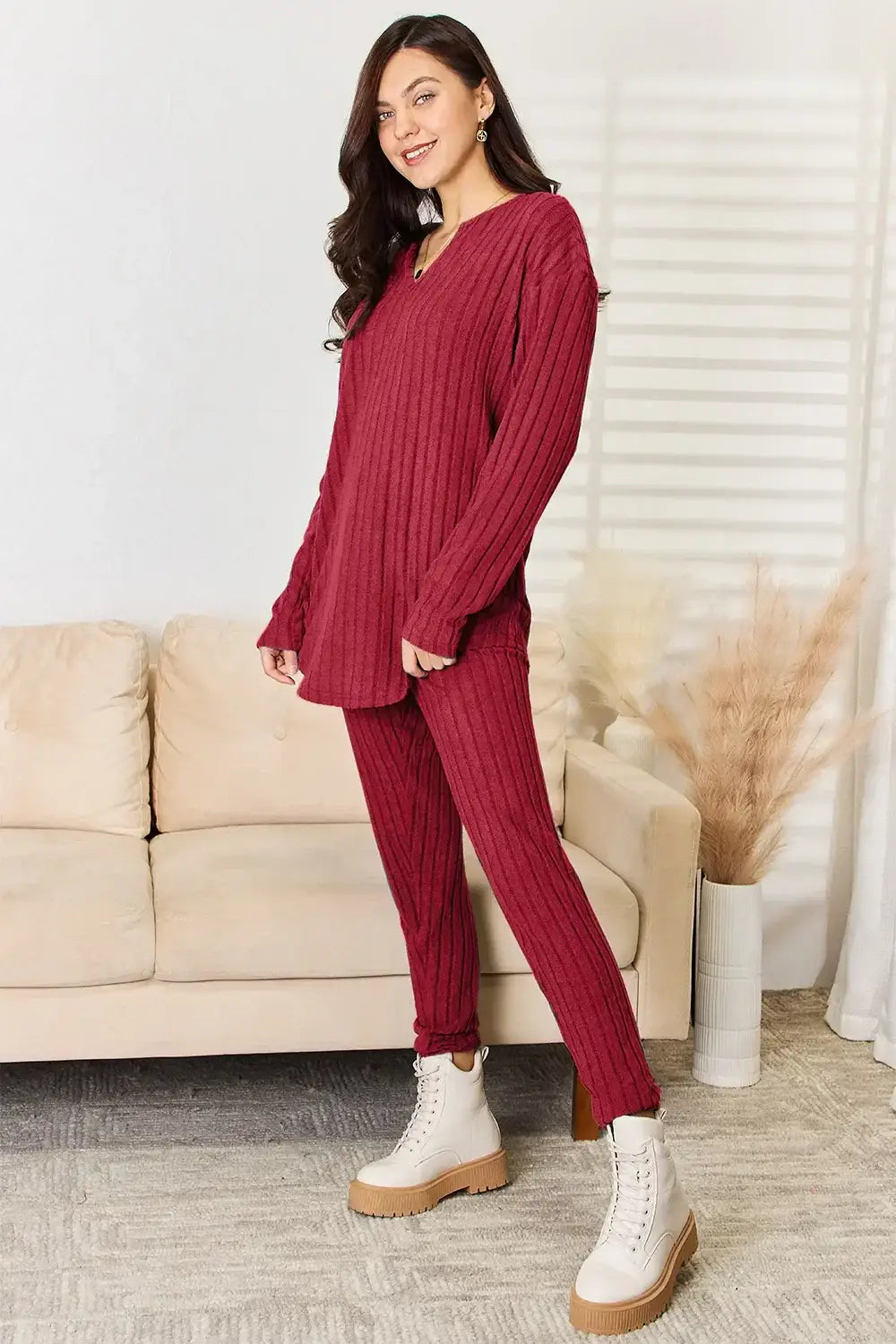 Basic Bae Full Size Notched Long Sleeve Top and Pants Set