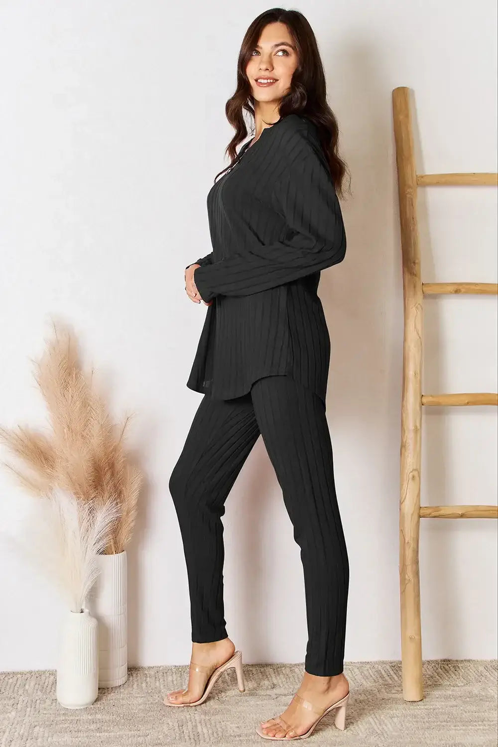 Basic Bae Full Size Notched Long Sleeve Top and Pants Set