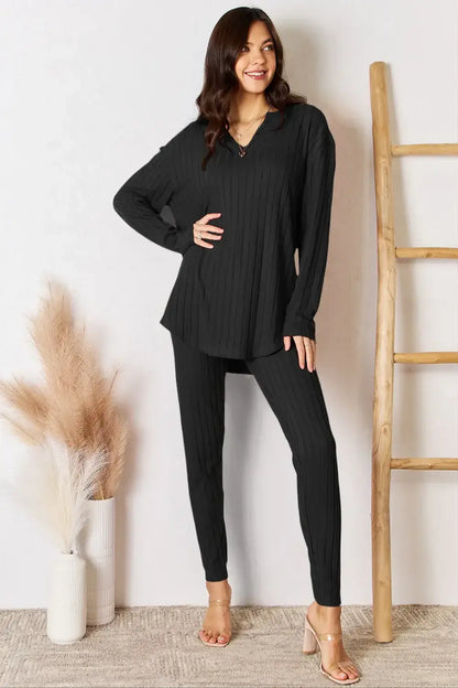Basic Bae Full Size Notched Long Sleeve Top and Pants Set - Black / S