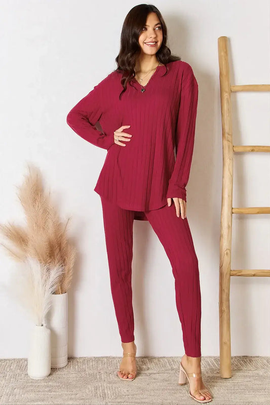 Basic Bae Full Size Notched Long Sleeve Top and Pants Set - Deep Red / S