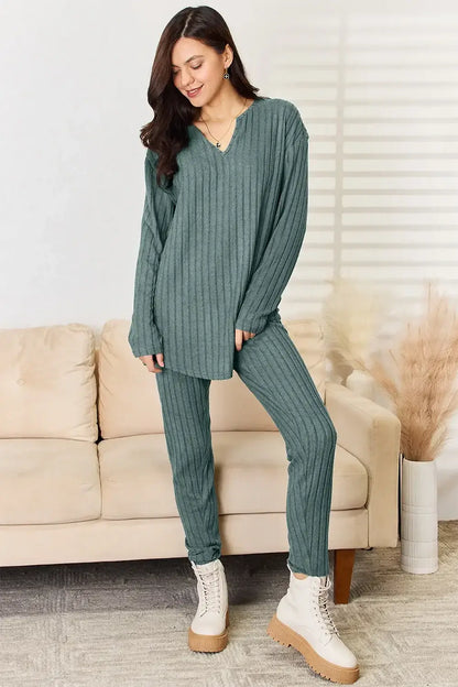 Basic Bae Full Size Notched Long Sleeve Top and Pants Set - Deep Teal / S