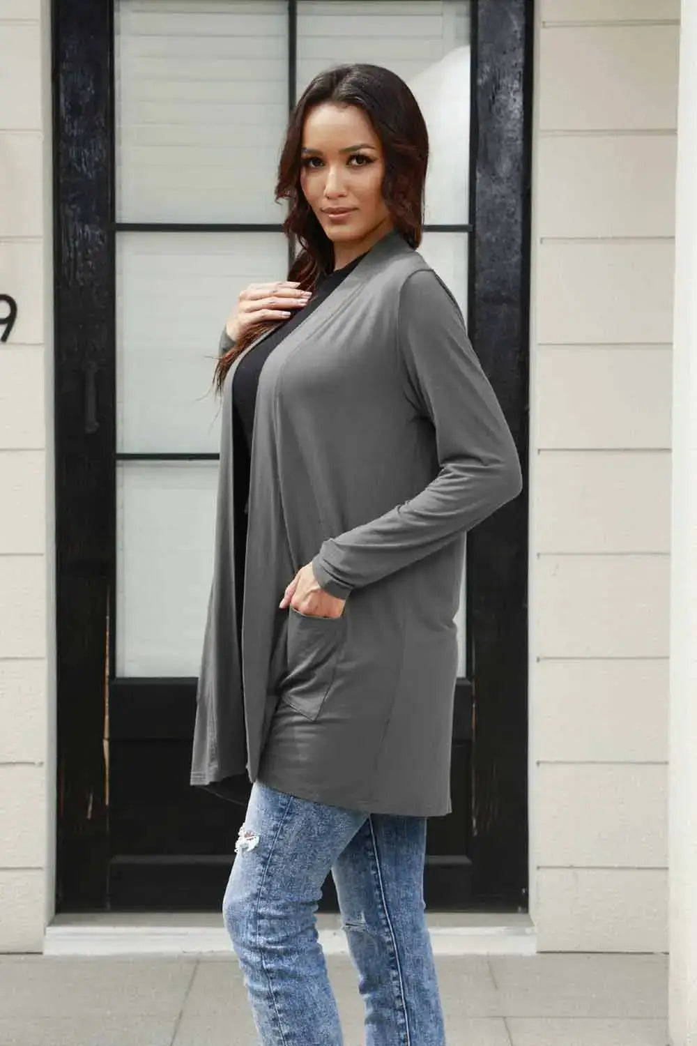 Basic Bae Full Size Open Front Long Sleeve Cardigan with Pockets - Outwears