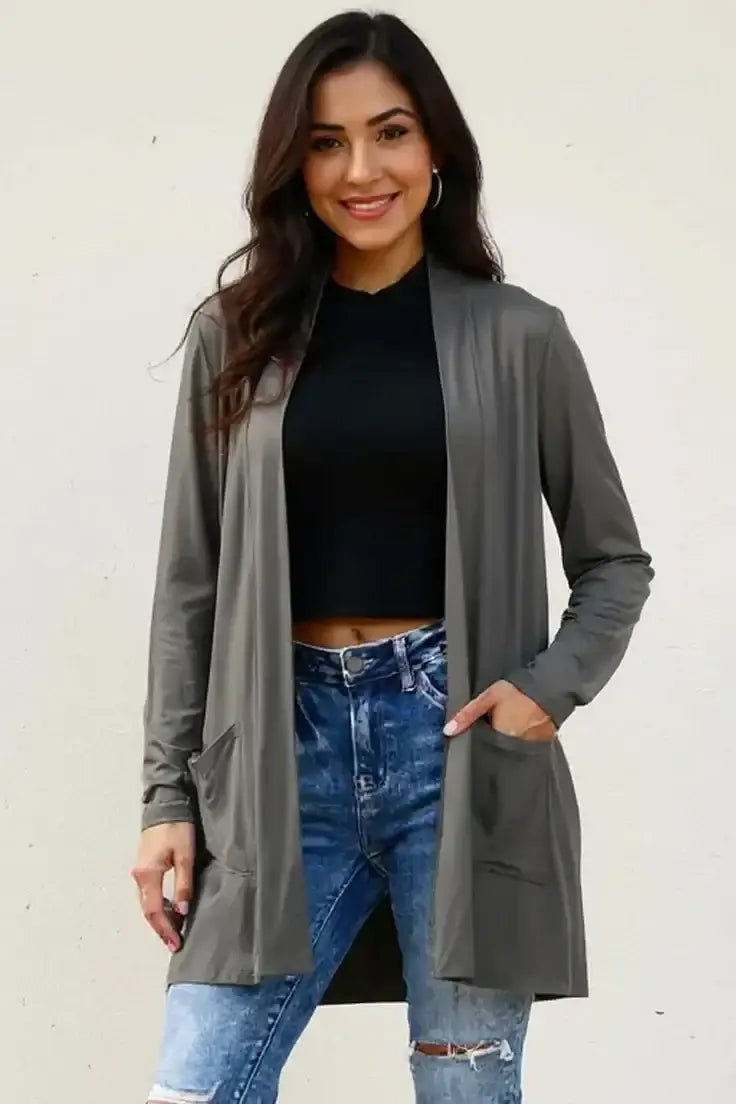 Basic Bae Full Size Open Front Long Sleeve Cardigan with Pockets - Dark Gray / S - Outwears
