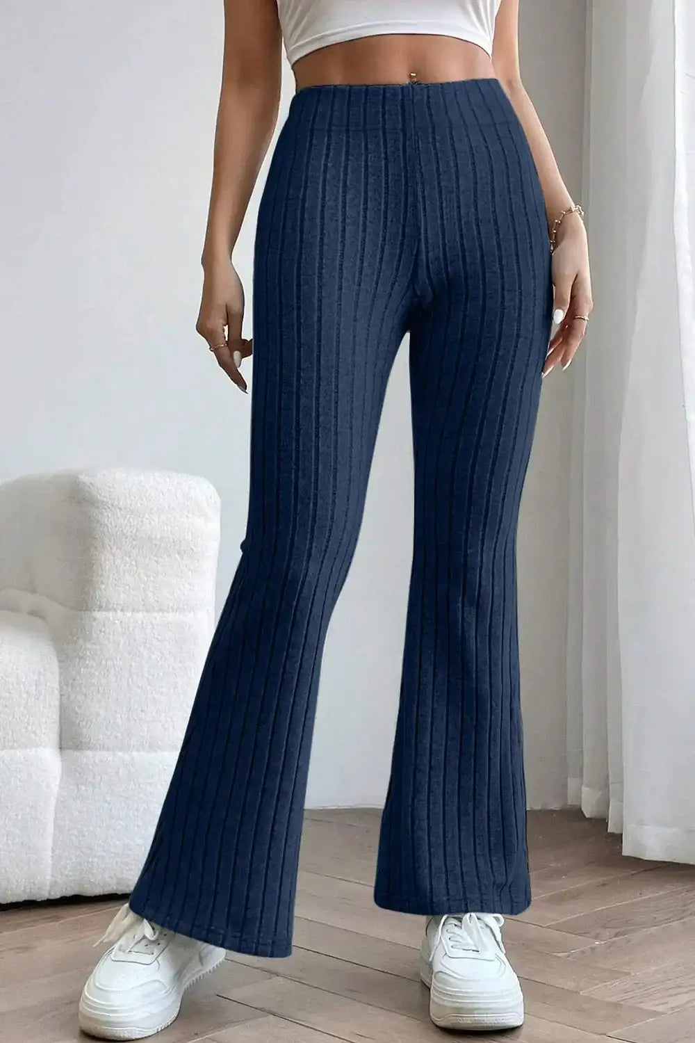 Basic Bae Full Size Ribbed High Waist Flare Pants - Dark Blue / S