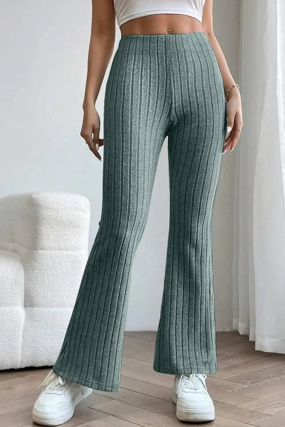 Basic Bae Full Size Ribbed High Waist Flare Pants - Deep Teal / S