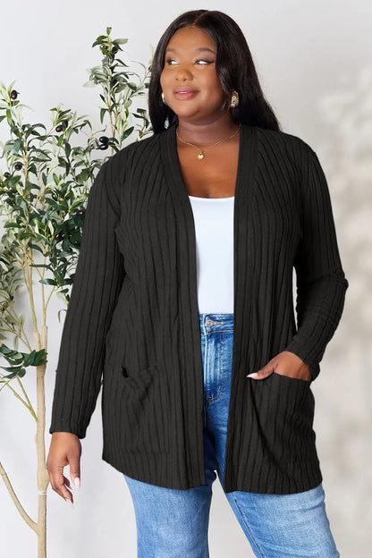 Basic Bae Full Size Ribbed Open Front Cardigan with Pockets - Black / S