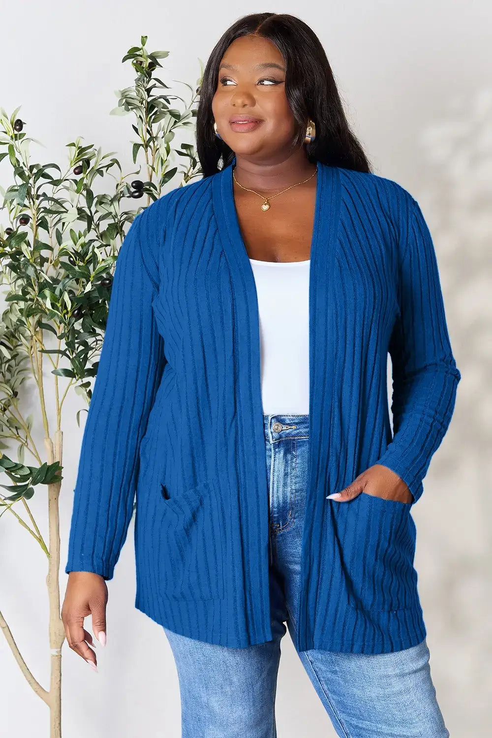 Basic Bae Full Size Ribbed Open Front Cardigan with Pockets - Dark Blue / S