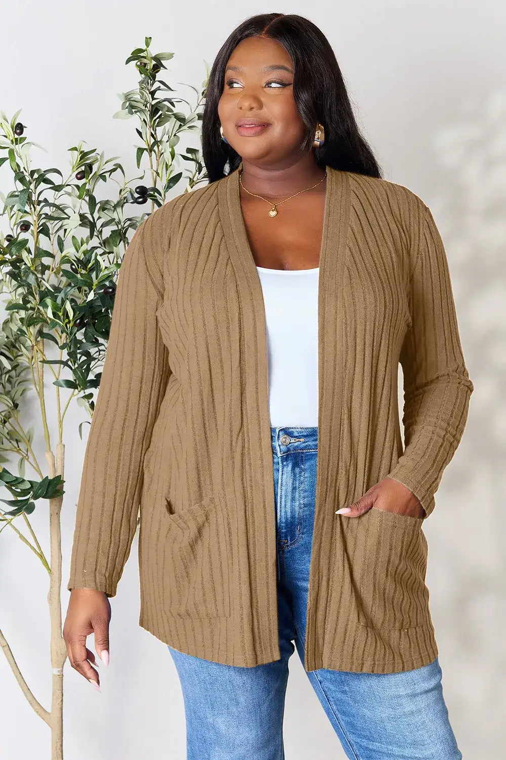 Basic Bae Full Size Ribbed Open Front Cardigan with Pockets - Khaki / S