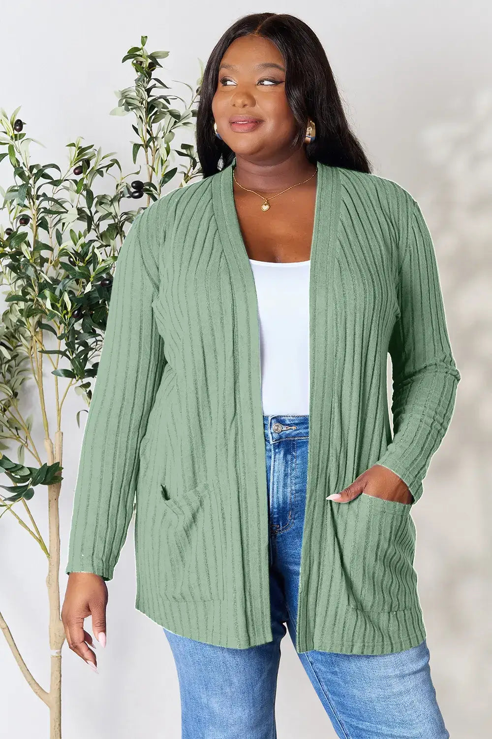 Basic Bae Full Size Ribbed Open Front Cardigan with Pockets - Light Green / S