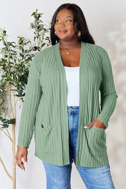 Basic Bae Full Size Ribbed Open Front Cardigan with Pockets - Light Green / S