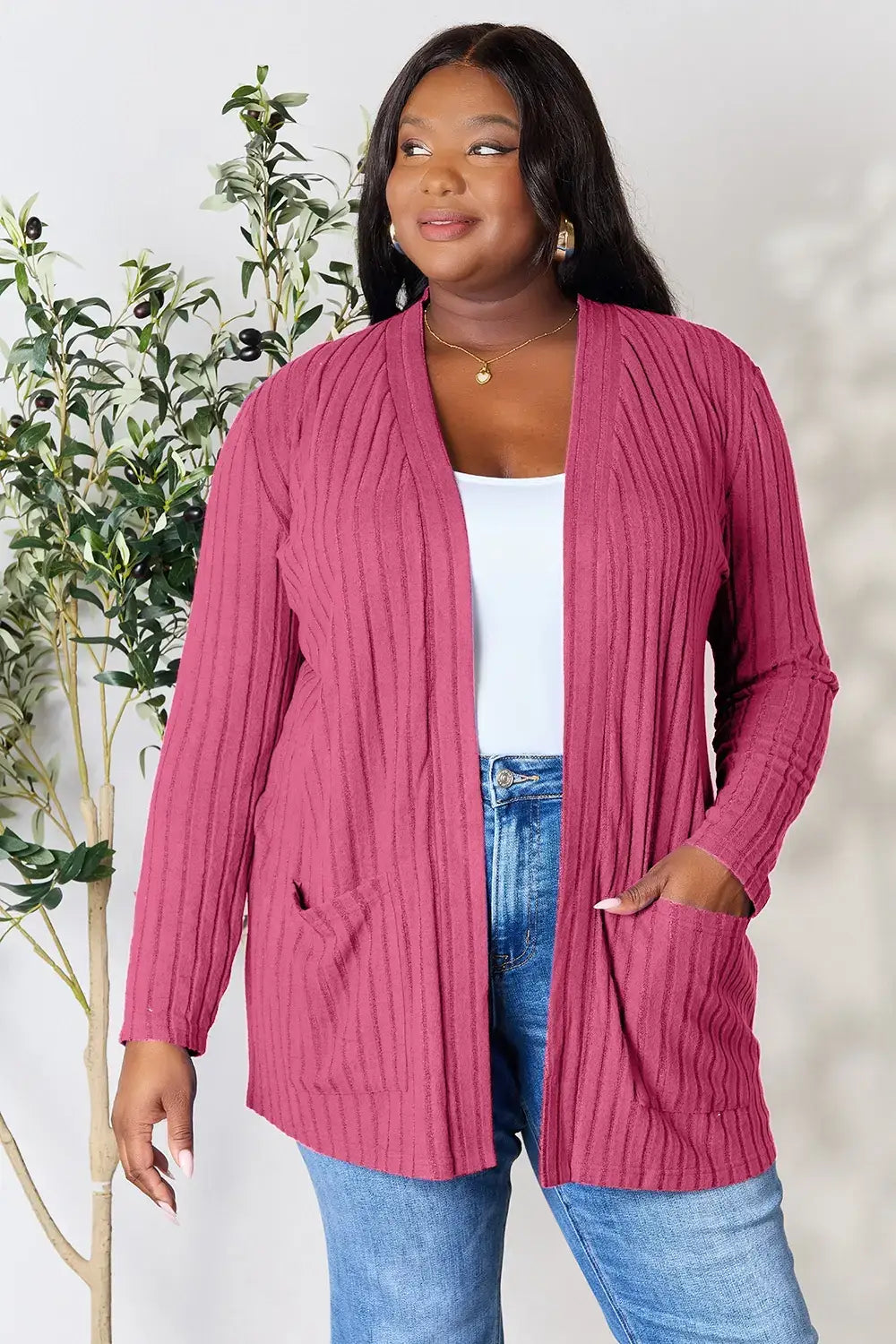 Basic Bae Full Size Ribbed Open Front Cardigan with Pockets - Pink / S