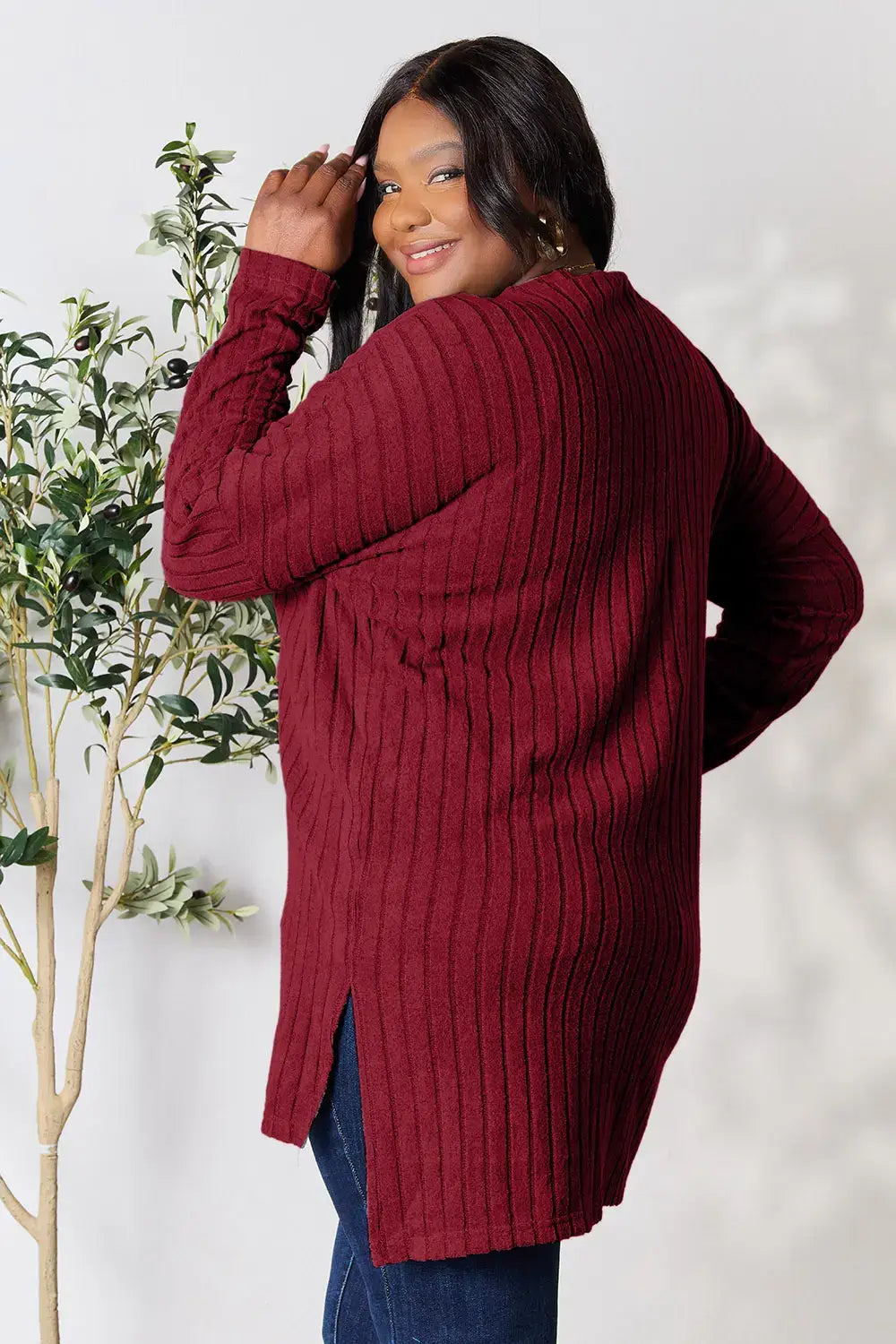 Basic Bae Full Size Ribbed Round Neck Long Sleeve Slit Top - Burgundy / S