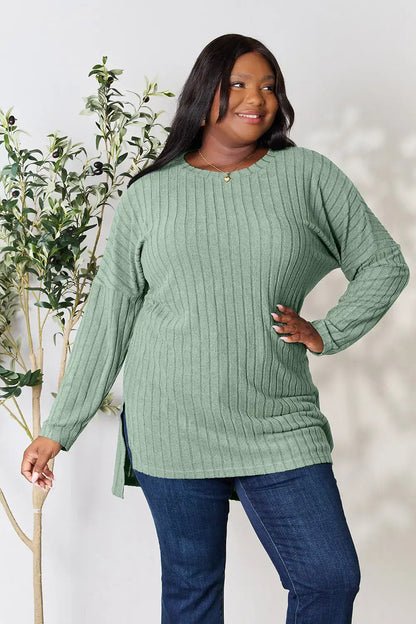 Basic Bae Full Size Ribbed Round Neck Long Sleeve Slit Top - Light Green / S