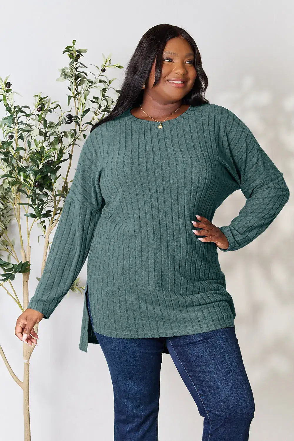 Basic Bae Full Size Ribbed Round Neck Long Sleeve Slit Top - Teal / S