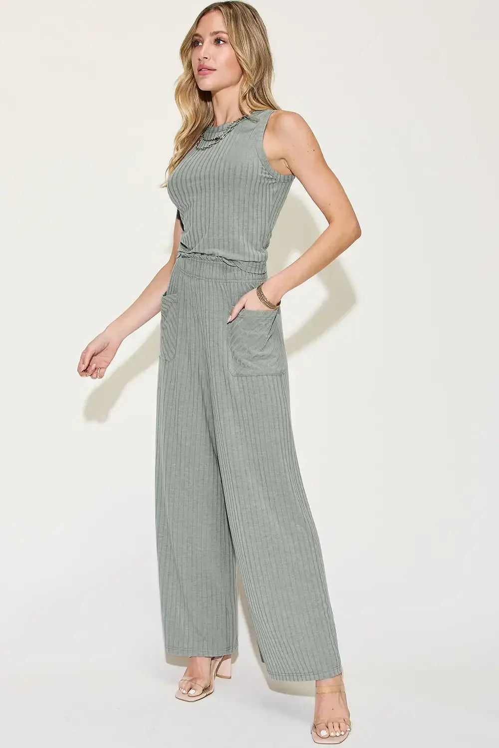 Basic Bae Full Size Ribbed Tank and Wide Leg Pants Set - Apparel & Accessories > Clothing > One-Pieces > Jumpsuits &