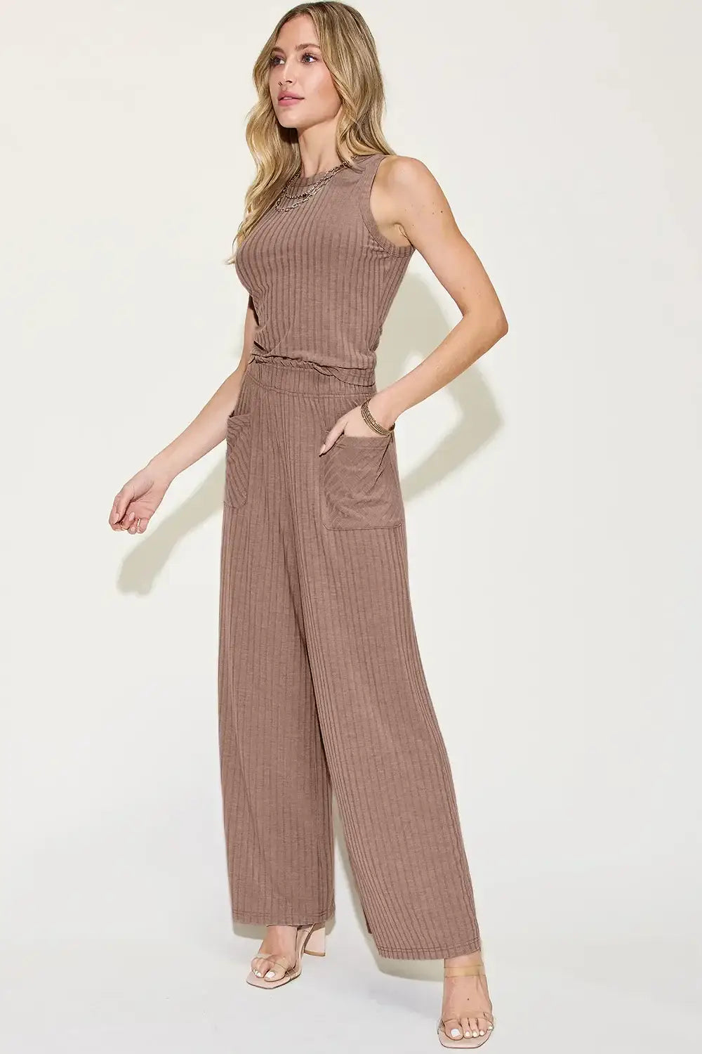 Basic Bae Full Size Ribbed Tank and Wide Leg Pants Set - Apparel & Accessories > Clothing > One-Pieces > Jumpsuits &