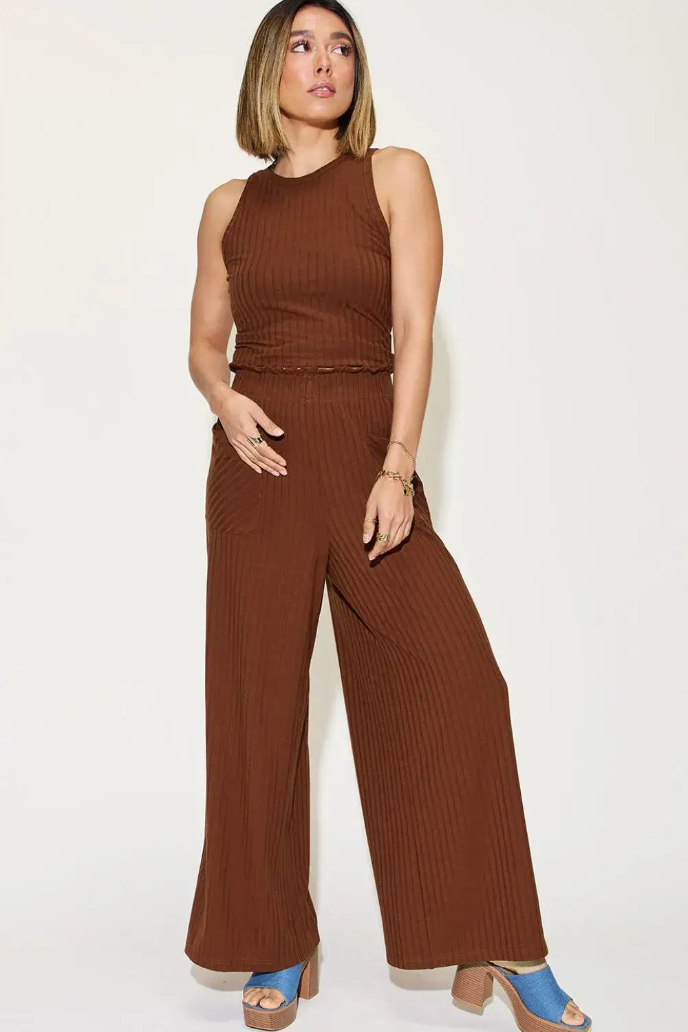 Basic Bae Full Size Ribbed Tank and Wide Leg Pants Set - Dark Brown / S - Apparel & Accessories > Clothing > One-Pieces