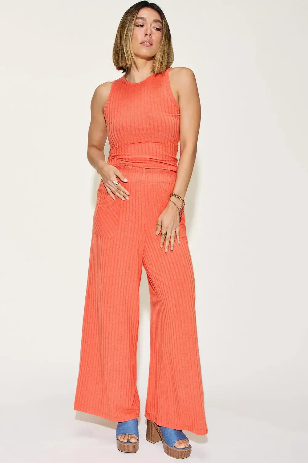 Basic Bae Full Size Ribbed Tank and Wide Leg Pants Set - Orange / S - Apparel & Accessories > Clothing > One-Pieces >