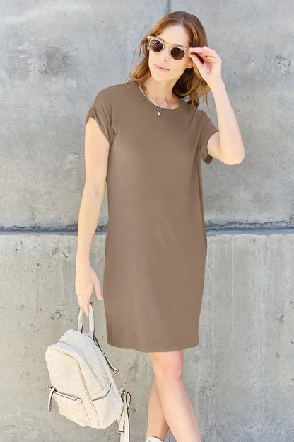Basic Bae Full Size Round Neck Short Sleeve Dress with Pockets - Women/Dresses