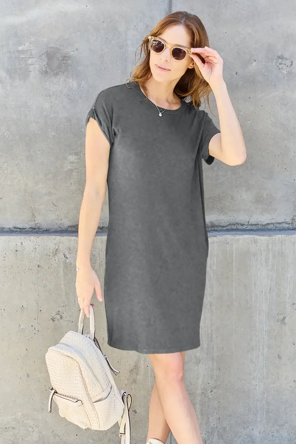 Basic Bae Full Size Round Neck Short Sleeve Dress with Pockets - Gray / S - Women/Dresses