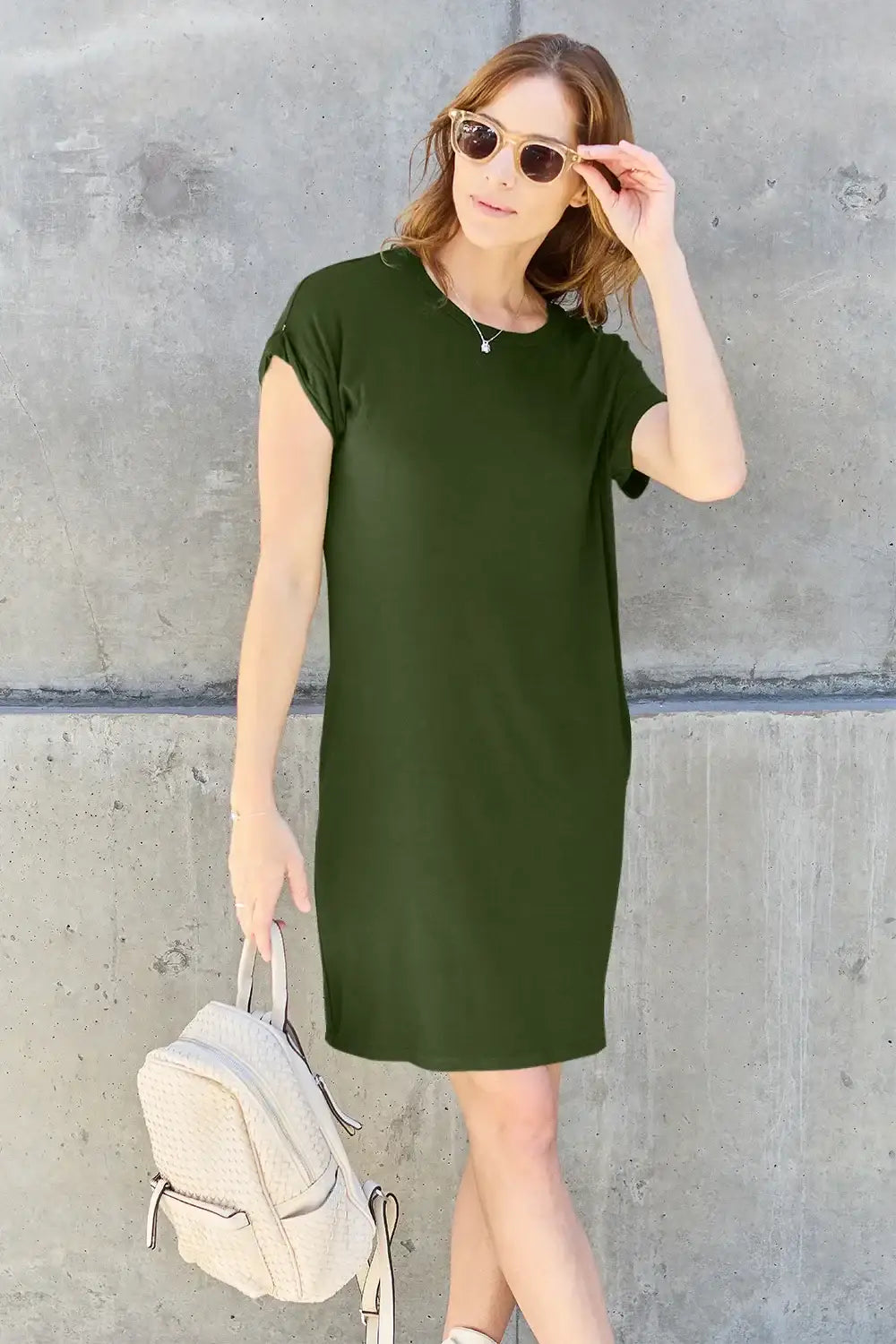 Basic Bae Full Size Round Neck Short Sleeve Dress with Pockets - Matcha Green / S - Women/Dresses