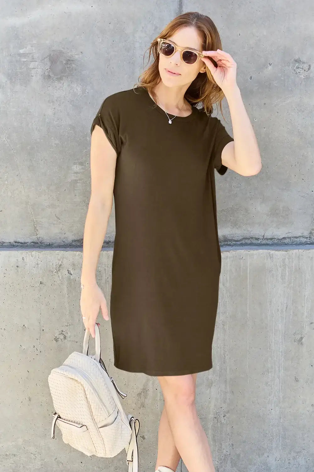 Basic Bae Full Size Round Neck Short Sleeve Dress with Pockets - Mocha / S - Women/Dresses